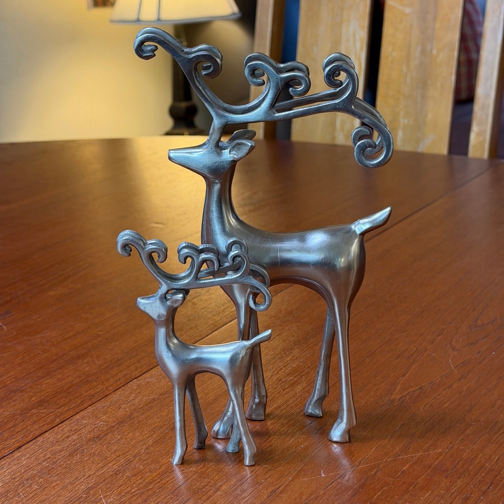 Vintage Christmas Brushed Heavy Metal Scroll Antler Reindeer Figurines Set of 2